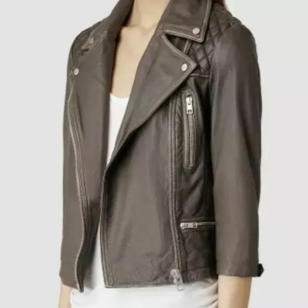 All Saints Cropped Cargo Leather Biker Brown Jacket Us 4